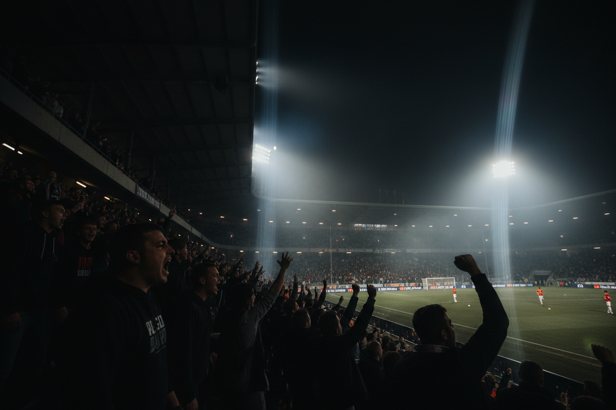 football stadium with people screaming in shadows